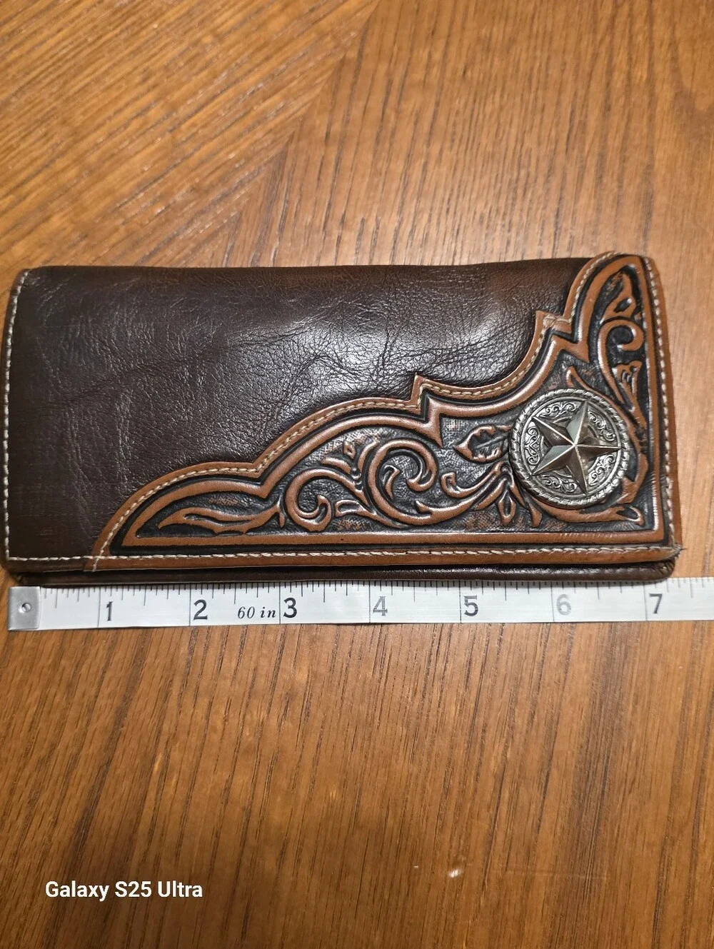 Vintage Western Tooled Leather Long Rodeo Wallet Star Concho